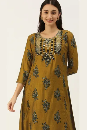 SWAGG INDIA Women Mustard Yellow Ethnic Motifs Embroidered Empire Gotta Patti Kurta with Trousers