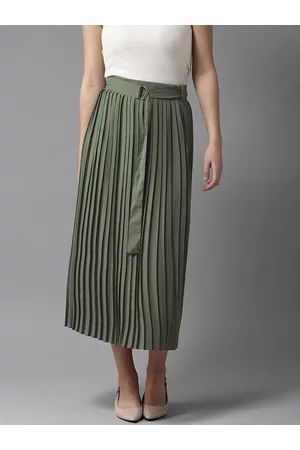 Moda Rapido Women Olive Green Accordion Pleats Solid A-Line Skirt