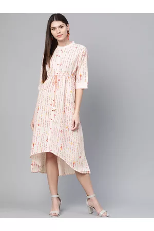 Rangriti Women Off-White & Orange Printed A-Line Dress