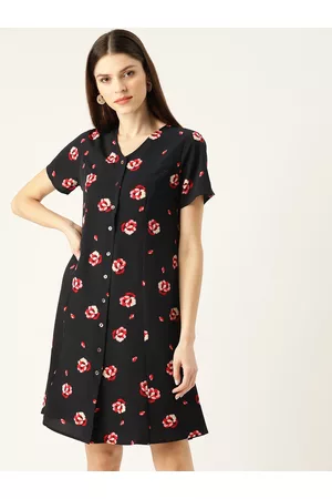 Invictus Women Black & Red Floral Print A-Line Dress