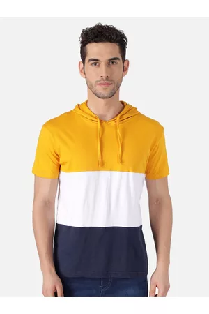 The Dry State Men Yellow White Colourblocked Hood Pure Cotton T-shirt