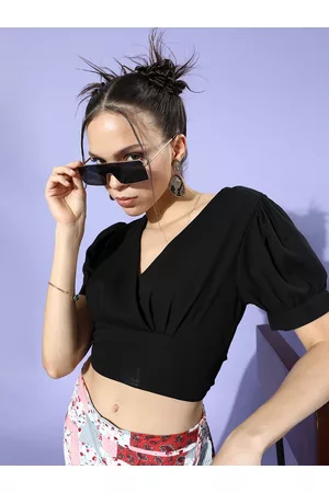 DODO & MOA Women Stylish Black Solid Cropped Top