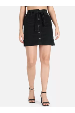 The Dry State Women Black Solid A-Line Denim Skirt