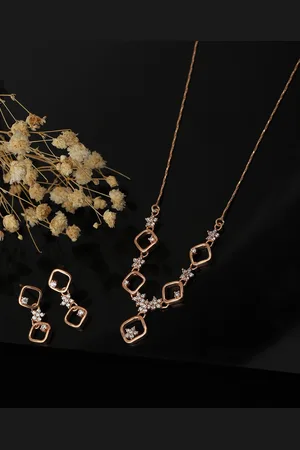 Carlton London Women Rose Gold-Toned Cubic Zirconia Studded Necklace with Earrings