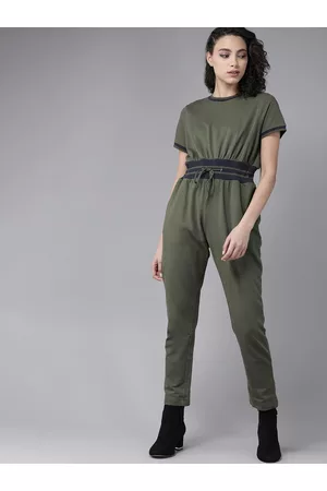 Roadster Women Jumpsuits - Women Olive Green Pure Cotton Solid Basic Jumpsuit