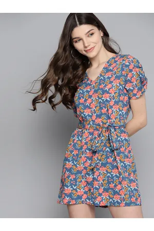 Mast & Harbour Women Blue & Peach-Coloured Floral Print Playsuit