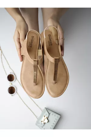 Shoetopia Girls Beige Embellished T-Strap Flats