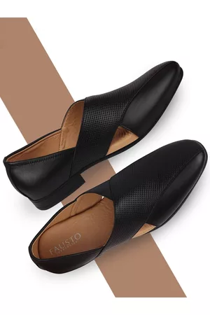 FAUSTO Men Black Leather Slip On Shoes