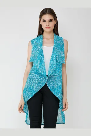 Cation Women Blue Printed Open Front Shrug