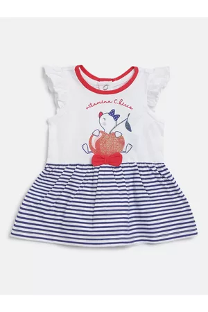 chicco White & Blue Printed Pure Cotton Fit & Flared Dress