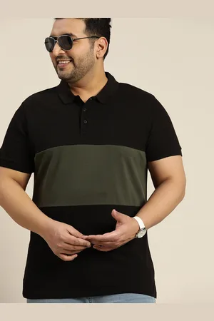 Sztori Men Plus Size Black & Olive Green Colourblocked Polo Collar Pure Cotton T-shirt