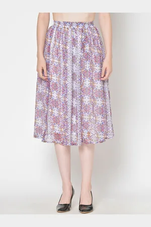 Cation Women White & Blue Floral Printed Flared Skirt
