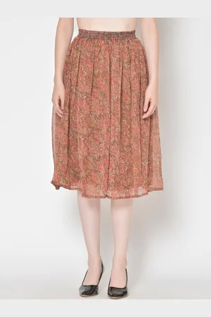 Cation Women Brown & Pink Floral Printed Flared Skirt