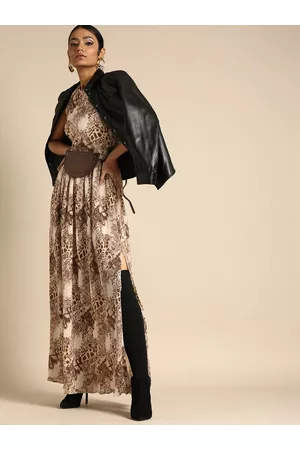 DODO & MOA Women Off-White& Brown Animal Printed Accordion Pleats Maxi Dress