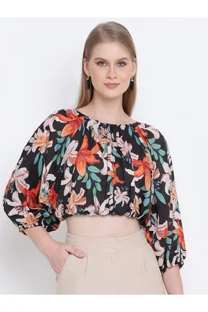 Oxolloxo Women Multicoloured Floral Crepe Blouson Crop Top