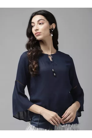 Cayman Navy Blue Solid Tie-up Neck Bell Sleeves Regular Top