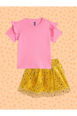 YK Girls Pink & Yellow Solid Top with Embellished Skirt