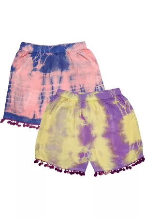 KiddoPanti Girls Pink &Yellow Pom Pom Lace Hem Tie & Dye