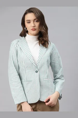 Cottinfab Women White & Green Striped Cotton Formal Single Breasted Blazer