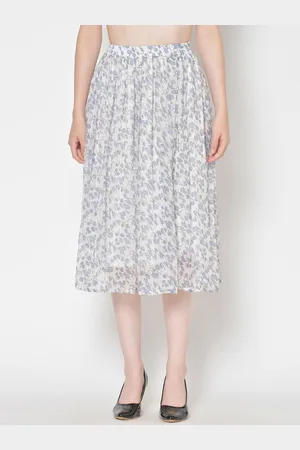 Cation Women White & Blue Floral Printed Flared Midi Skirt
