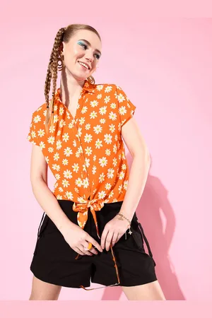 Mast & Harbour Sunny Orange Floral Print Retro Optimism Twists & knots Shirt Style Top