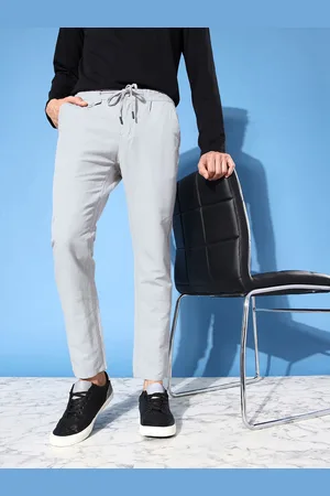 Mast & Harbour Men Grey Solid Cotton Linen Slim Fit Trousers