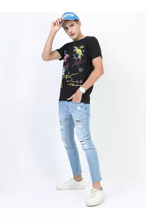 Ketch Men Black Biker Printed Raw Edge Slim Fit T-shirt