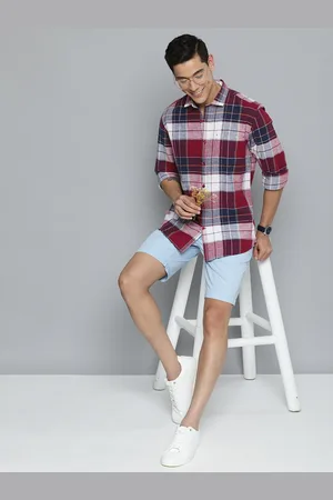 Mast & Harbour Men Maroon & Navy Blue Checked Cotton Linen Casual Shirt