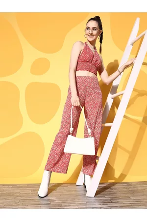Berrylush Women Red Floral Printed Relaxed Loose Fit High-Rise Trousers