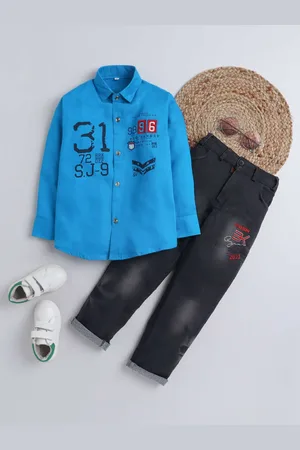 DKGF FASHION Boys Turquoise Blue & Black Printed Shirt with Trousers