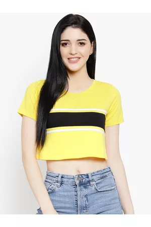LE BOURGEOIS Women Yellow Solid Crop Pure Cotton Top