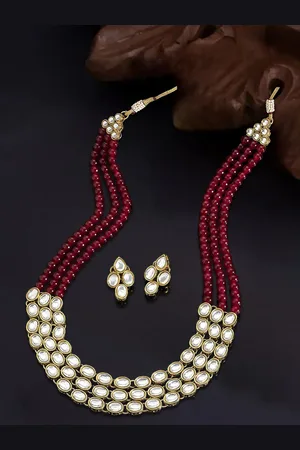OOMPH Gold Plated Kundan-Studded & Pearl Beaded Jewellery Set