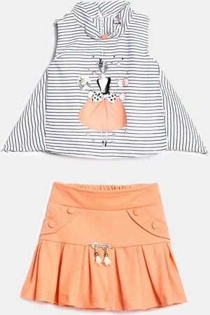V-Mart Girls White & Orange Striped Cotton Top with Skirt