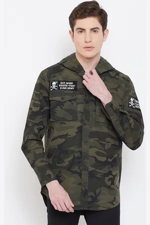 Punk Men Olive Green & Khaki Regular Fit Camouflage Printed Casual Shacket