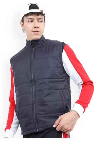 Ketch Men Navy Blue Solid Sleeveless Padded Jacket