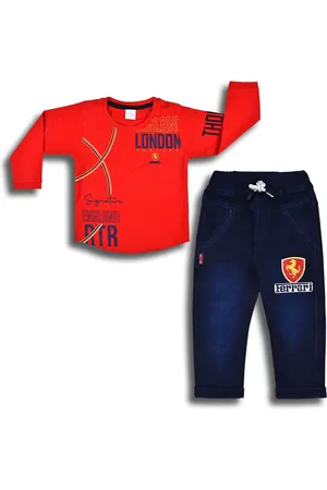 Wish Karo Boys Printed Round Neck Long Sleeves T-shirt with Jeans Clothing Set