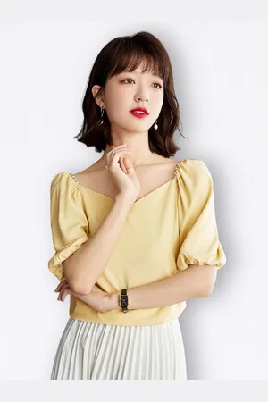 JC Collection Women V Neck Puff Sleeves Casual Tops