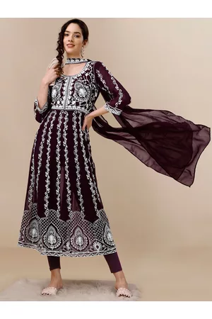 HERE&NOW Floral Lucknowi Chikankari Embroidered Georgette Anarkali Kurta with Dupatta