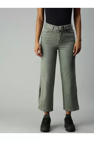 SHOWOFF Women Olive Green Wide Leg High-Rise Stretchable Jeans
