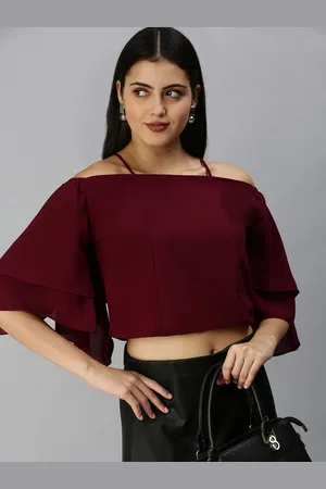 SHOWOFF Women Magenta Crepe Bardot Crop Top