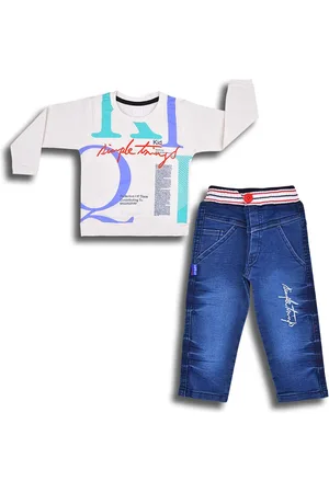 Wish Karo Boys Printed Round Neck Long Sleeves T-shirt with Jeans Clothing Set
