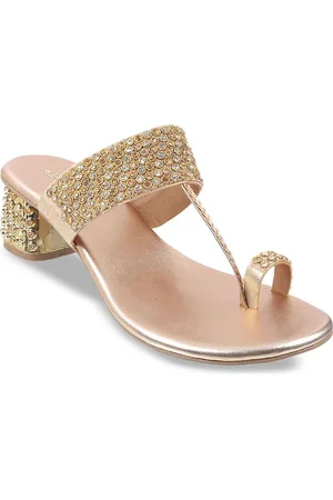Metro Woven Design Embellished Open One Toe Block Heels