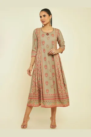 Soch Round Neck Ethnic Motifs Printed Cotton Fit and Flare Ethnic Dress
