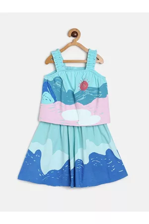 MINI KLUB Girls Colourblocked Cotton Top with Skirt Set