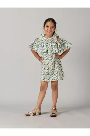 KiddoPanti Girls Conversational Printed Ruffles A-Line Dress