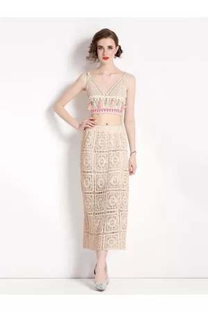 JC Collection Women Self Design Crochet Top with Skirt Co-Ods
