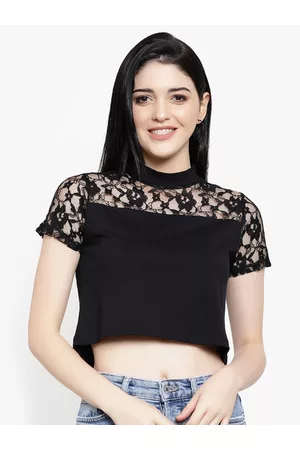 LE BOURGEOIS Women Black Self Design Crop Pure Cotton Top