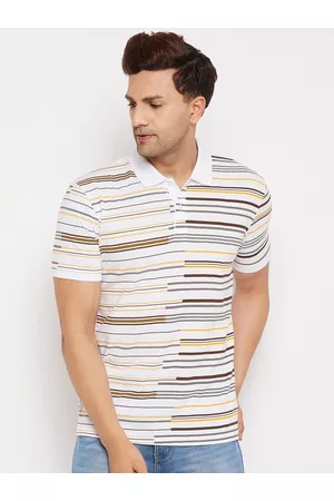 WILD WEST Men White Striped Polo Collar T-shirt