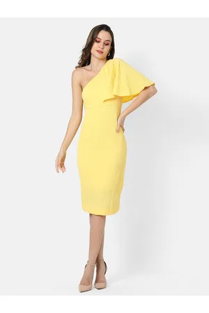 Campus Women Yellow One Shoulder Crepe Sheath Dress