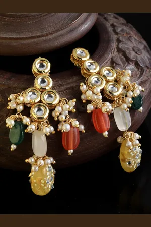 DUGRISTYLE Gold-Plated Artificial Stones and Beads Classic Drop Earrings